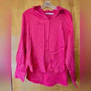 Zara Long Sleeve Satin Blouse Button Down Hot Pink Medium